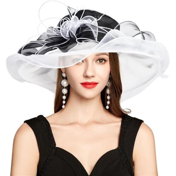 Derby Hats for Women, Classy Organza Sun Hat, Black White main image 5